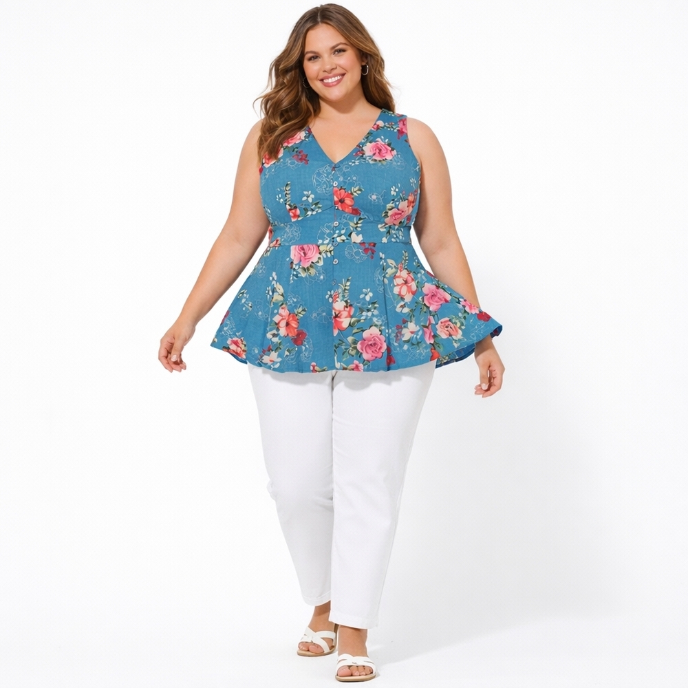 Torrid 2X Happiness Floral Steel Blue Tie Back Peplum Button Front Blouse